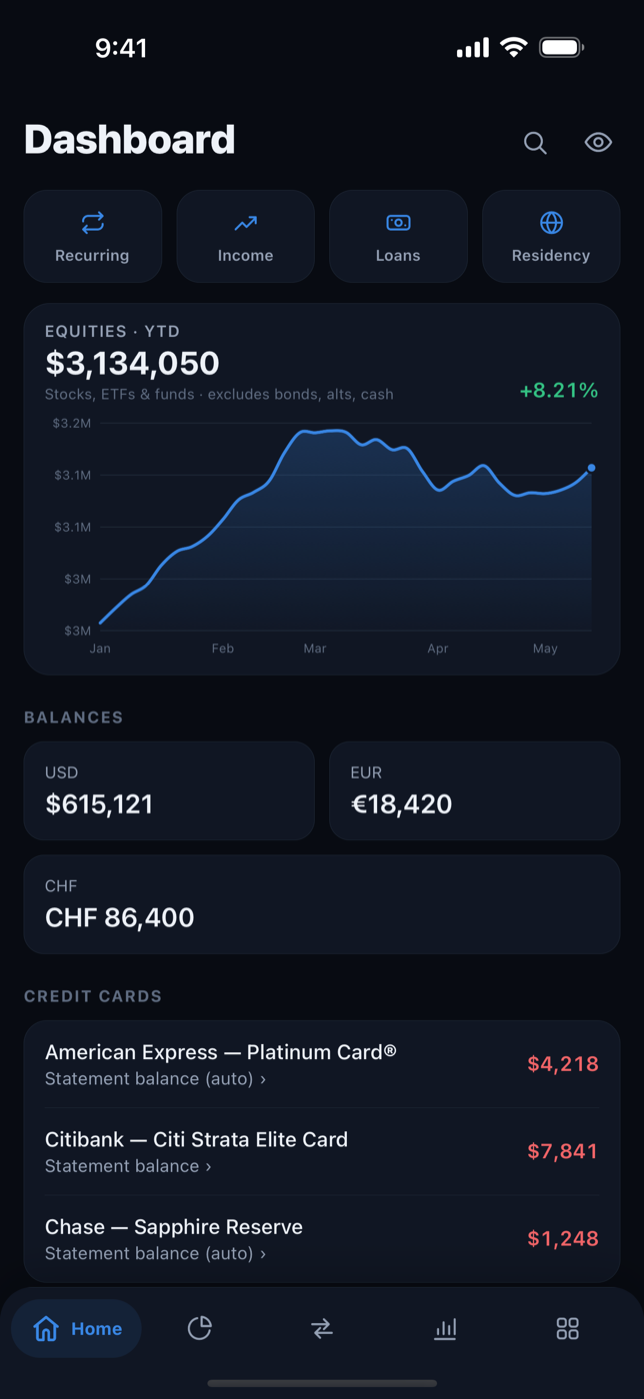 Steward iOS app — Dashboard with portfolio chart, multi-currency balances and credit cards