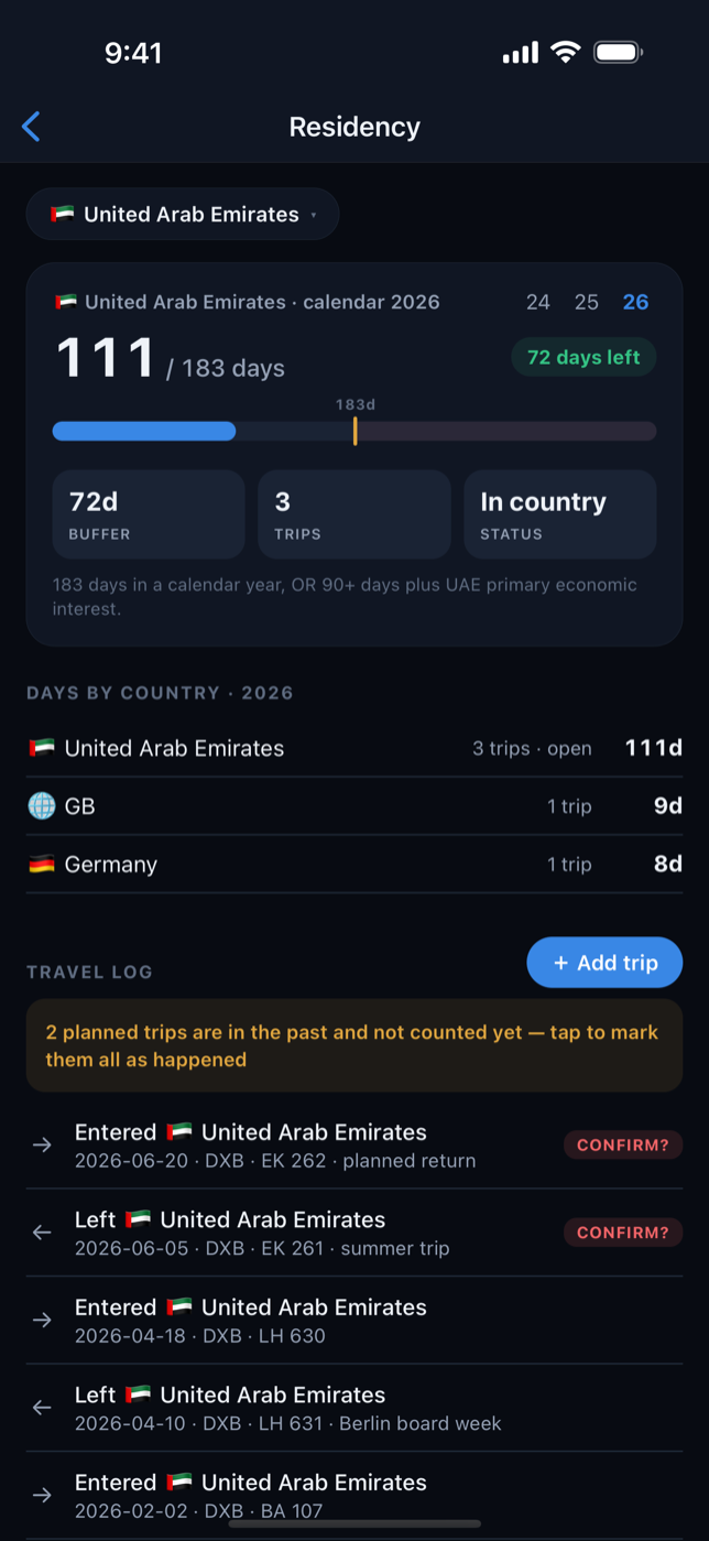 Residency — 183-day tracker with travel log